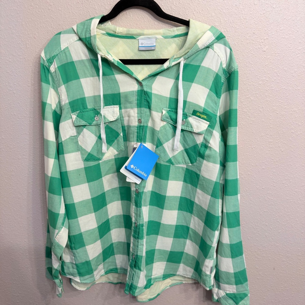 Columbia Collegiate Times Two Hooded Shirt Oregon Green White Gingham XL 1687541